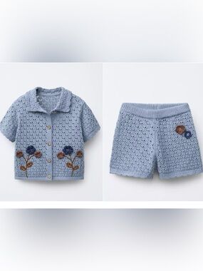 Zara Crochet Flower Knit Polo Shirt and Shorts Set size 6